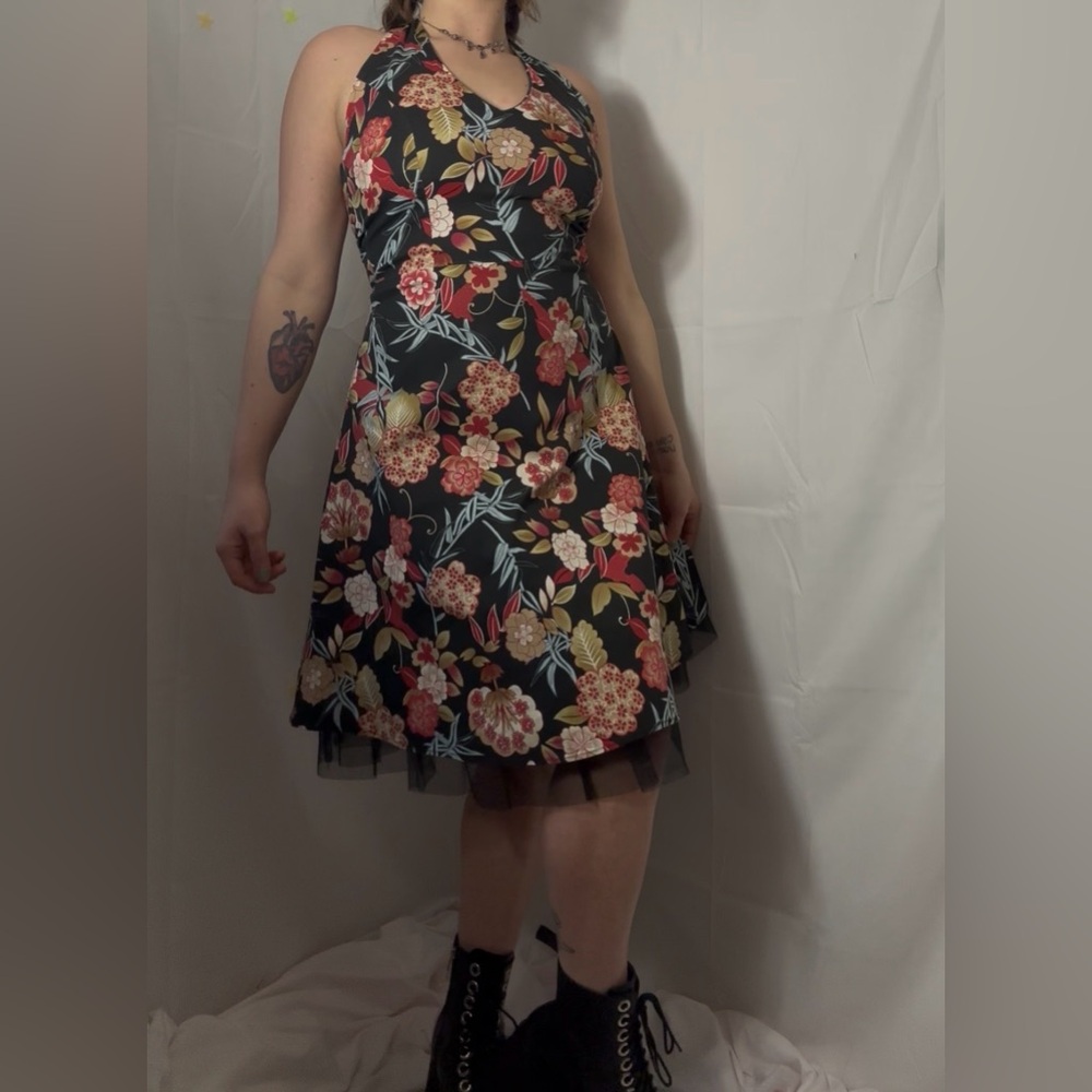 Y2K Black Floral Hawaii Tulle Whimsigoth Fairy Grunge Halter Dress Size M-L - Picture 10 of 16